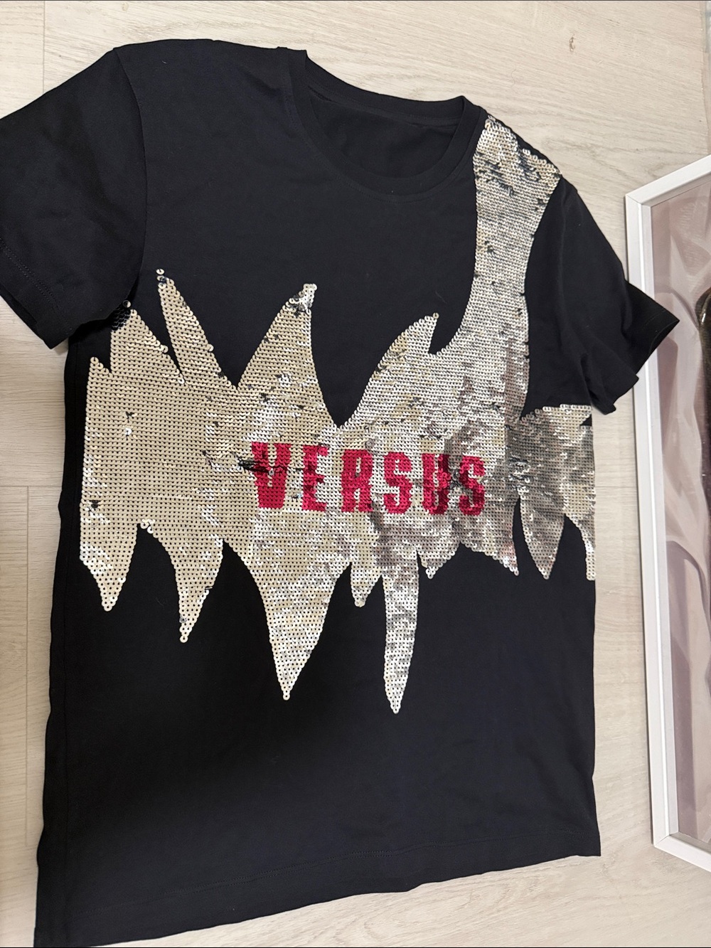 Versus Versace Black Tee with Silver Sequin Graphic and Red Logo